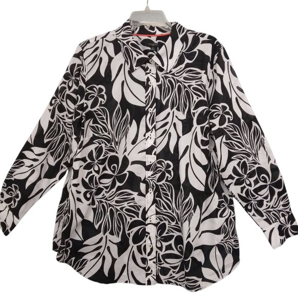 Talbots | Black White Floral Long Sleeve Button Up Blouse Shirt  |  Size 2X - Picture 2 of 9